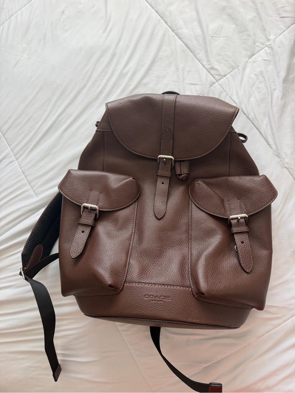 Coach Men's Chocolate Brown Leather Backpack with Front Pockets